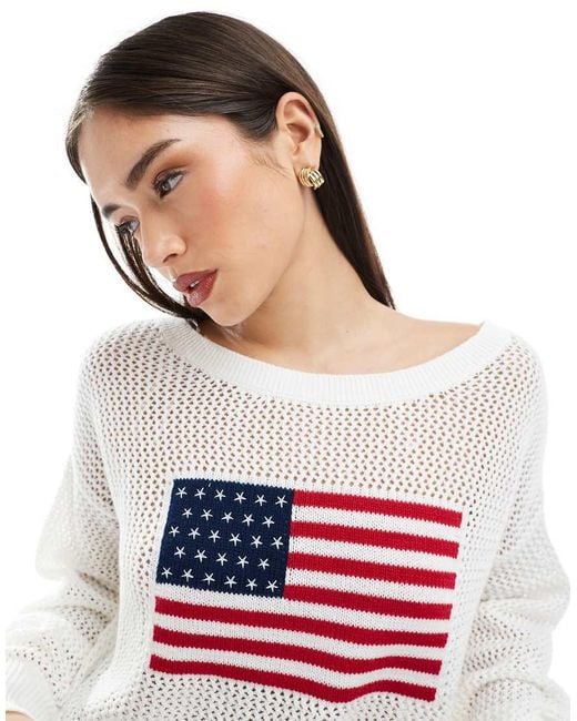 Hollister White Easy Off-the-shoulder Stitchy American Flag Graphic Sweater