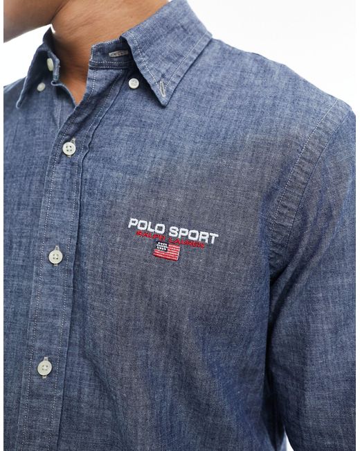 Polo Ralph Lauren Blue Sport Capsule Logo Denim Shirt Classic Oversized Fit for men