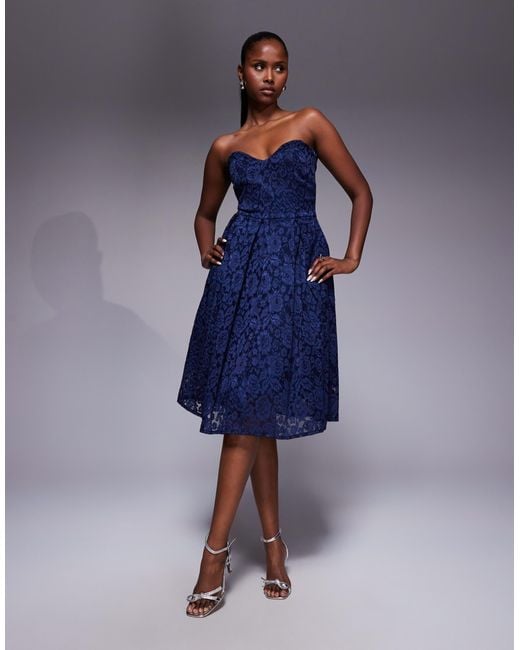 Vesper Blue Bengaline Lace Overlay Bandeau Sweetheart Neckline Pleat Hem Detail Midi Dress
