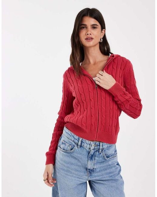 Gap Red Cotton Cable Knit Zip Through Hoodie