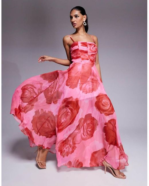 Vestito Lungo Trasparente A Fiori Con Corpino Arricciato di Forever New in Pink