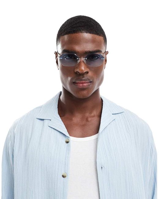 Gafas De Sol Plateadas De Montura Al Aire De Metal Estrechas Con Lentes Azules Rectangulares Curvadas Para Festivales De ASOS de hombre de color White