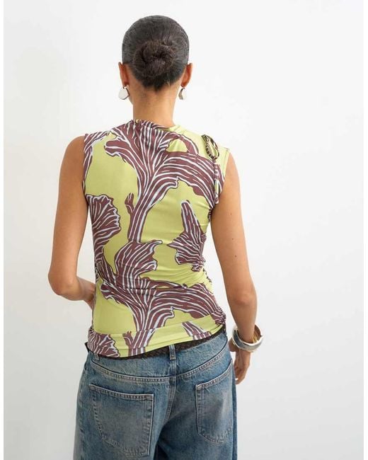 TOPSHOP Green Printed Ruched Neck Tie Cut Out Top