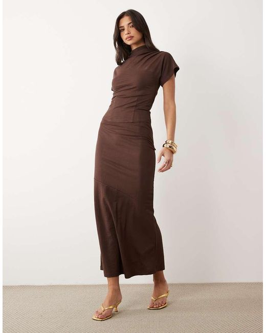 ASOS Brown Co-Ord Linen Look Drape High Neck Top