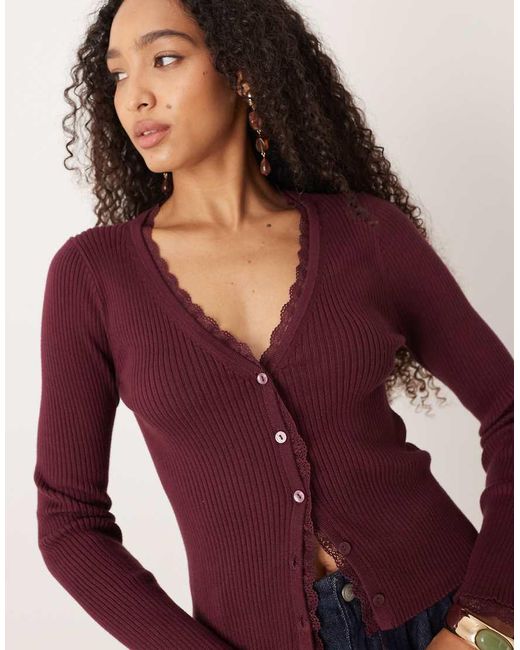 Abercrombie & Fitch Blue Ribbed Cardigan With Lace Trim