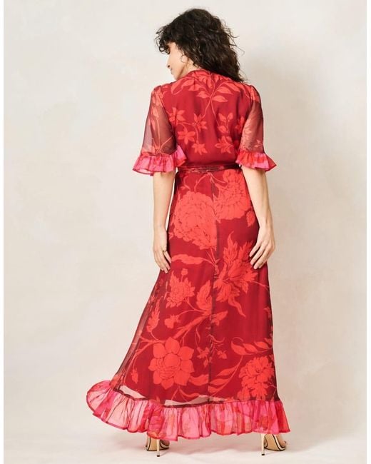 Hope & Ivy Red The Celestine Petite Contrast Frill Maxi Wrap Dress With Tie Waist