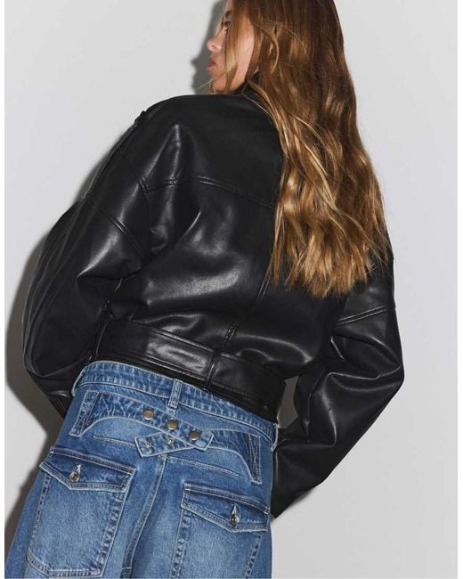 Stradivarius Blue Cropped Belted Jacket