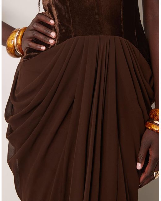 ARRANGE Brown Velvet Plunge Halter Cinch Waist Maxi Dress With Train