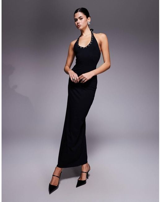 Fashionkilla Blue Halterneck Scoop Neck Eyelet Trim Low Back Maxi Dress