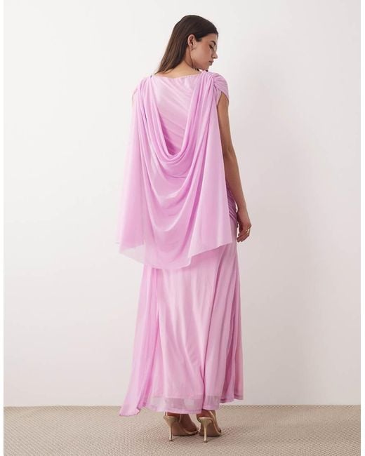ASOS Pink Stretch Chiffon Cape Detail Cowl Maxi Dress With Sash Detail