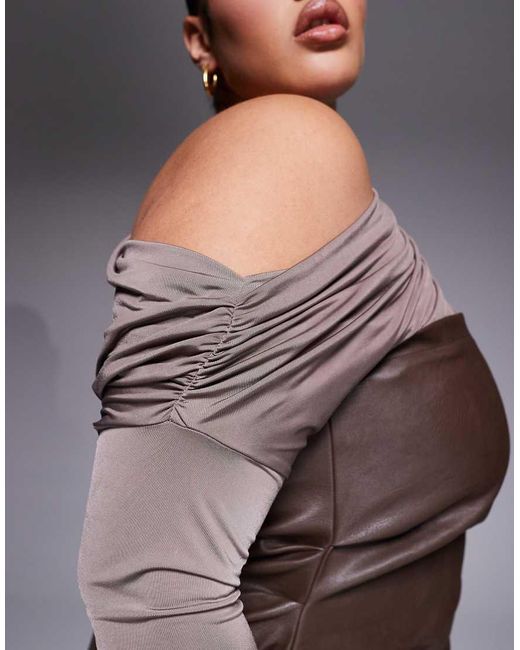 ASOS Brown Asos Design Curve Fallen Shoulder Pu Bandeau Midi Dress