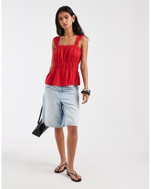 Pieces Red Wide Strap Cotton Smocked Top