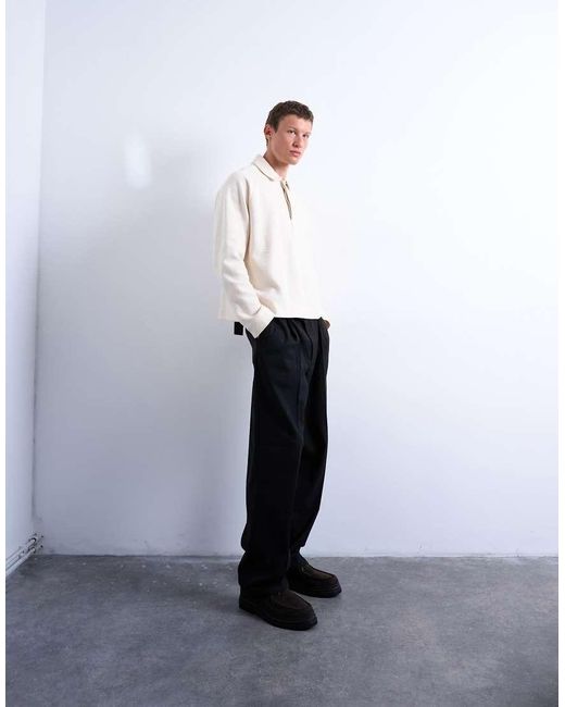 Topman White Boxy Fit Textured Raglan Polo Sweat for men
