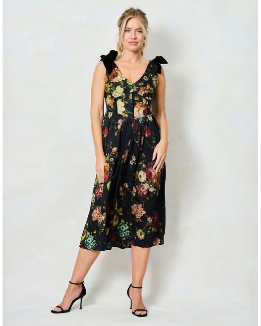 Hope & Ivy Black The Esmerelda V-Neck Floral Corset Midi Dress With Velvet Shoulder Bows