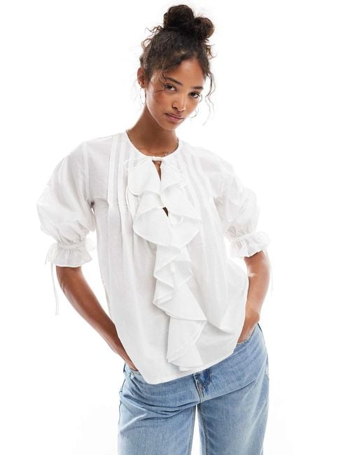 ASOS White Ruffle Front Top With Pleat Detail And Tie Front