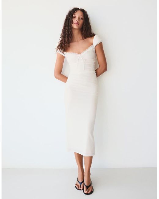 Bershka White Lace Crinkle Midi Dress
