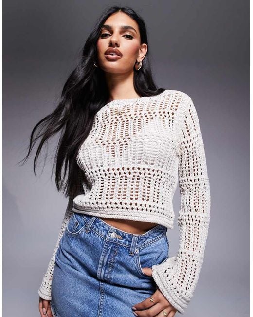 River Island Gray Crochet Long Sleeve Crop Top