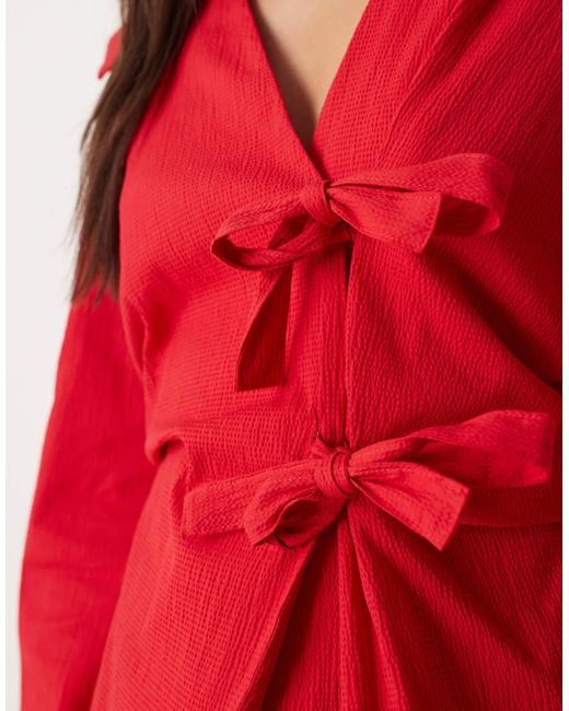Ghospell Red Cotton Double Bow Detail Tie Waist Wrap Top