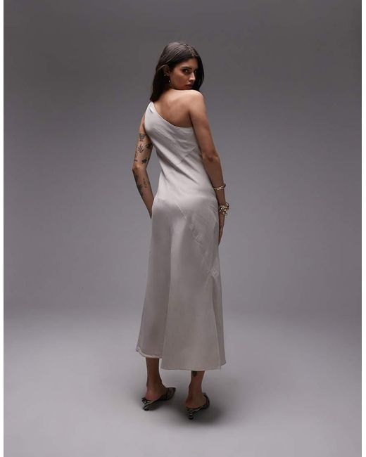 & Other Stories Gray One Shoulder Linen Midi Dress With Twisted Strap Detail