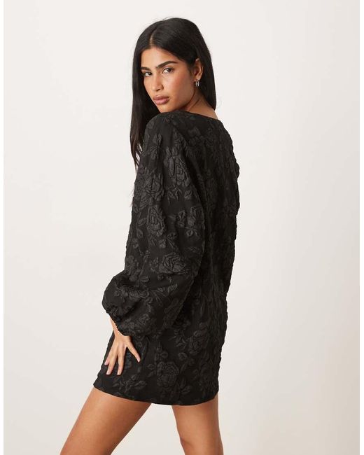 Gina Tricot Natural Long Sleeve V Neck Rose 3d Brocade Mini Dress