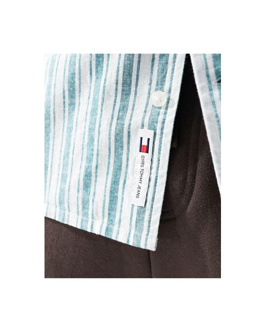 Chemise en lin à manches courtes et rayures - sarcelle Tommy Hilfiger pour homme en coloris Blue