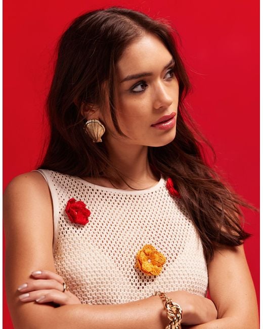 ASOS Red White Crochet Maxi Dress With 3d Crochet Flowers