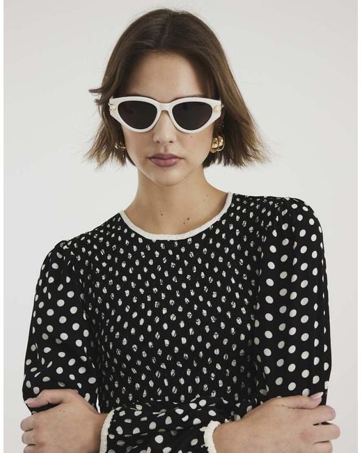 River Island White Long Sleeve Shirred Polka Dot Midi Dress