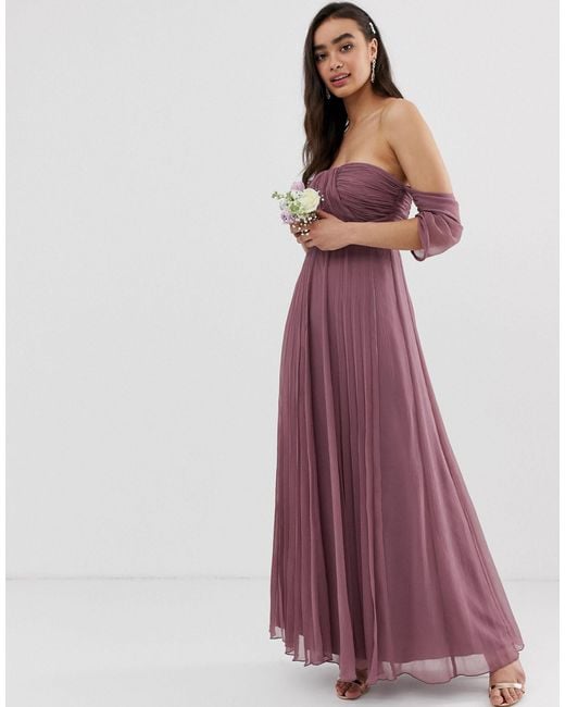 ASOS Purple Bridesmaid Bardot Ruched Pleated Maxi Dress