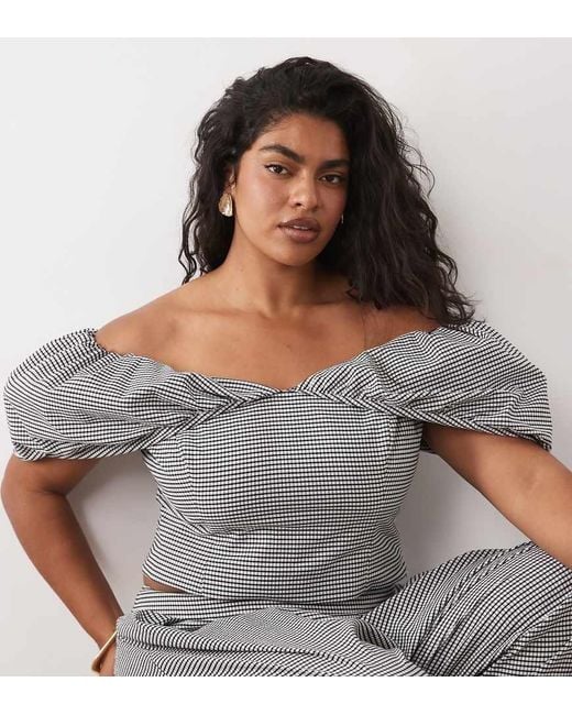 ASOS Gray Curve Co-Ord Gingham Off The Shoulder Peplum Top