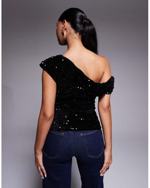River Island Blue Velvet Sequin Draped Top