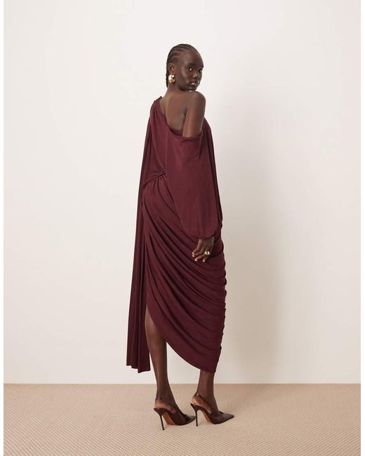 ARRANGE Purple Fallen Shoulder Draped Midi Dress With Train Back