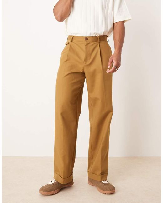 ASOS Natural Smart Wide Leg Cotton Chino Trousers With Front Pleat for men