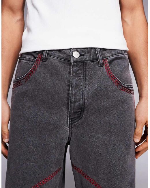 Liquor N Poker Gray Embroidery Detail baggy Baseball Jeans for men