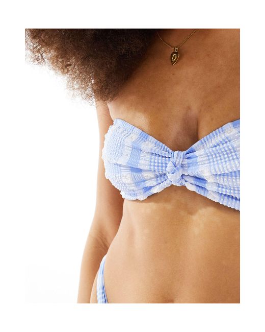 Miss Selfridge Blue Textured Check Bandeau Bikini Top