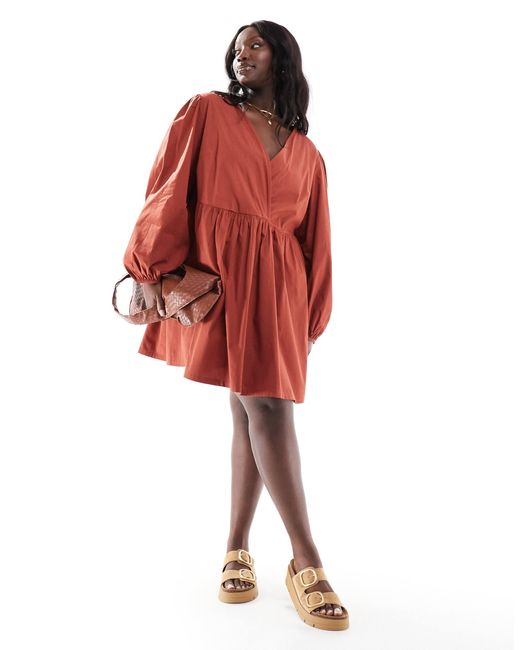 ASOS Asos Design Curve Cotton V neck Mini Smock Dress in Red Lyst
