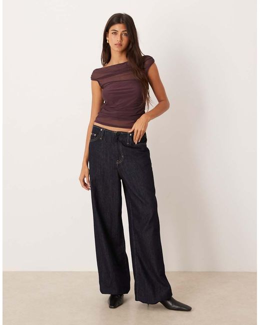 ASOS Top Van Mesh Met Aangerimpelde Korte Mouwen En Blote Schouders in het Purple