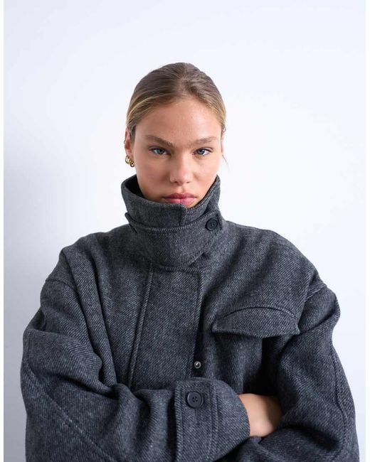 TOPSHOP Blue Wool Blend Bomber Jacket With Tab Detail