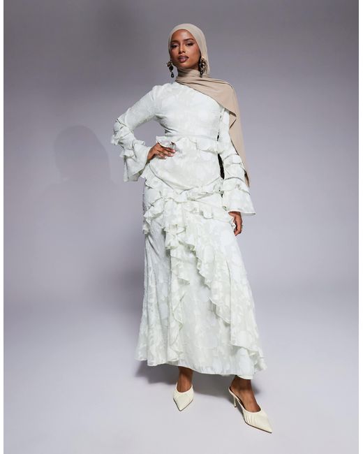 ASOS Jacquard Ruffle Long Sleeve Maxi Dress in Green | Lyst