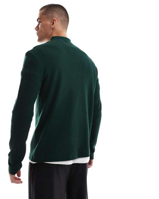 ASOS Green Waffle Long Sleeve Polo With Zip for men