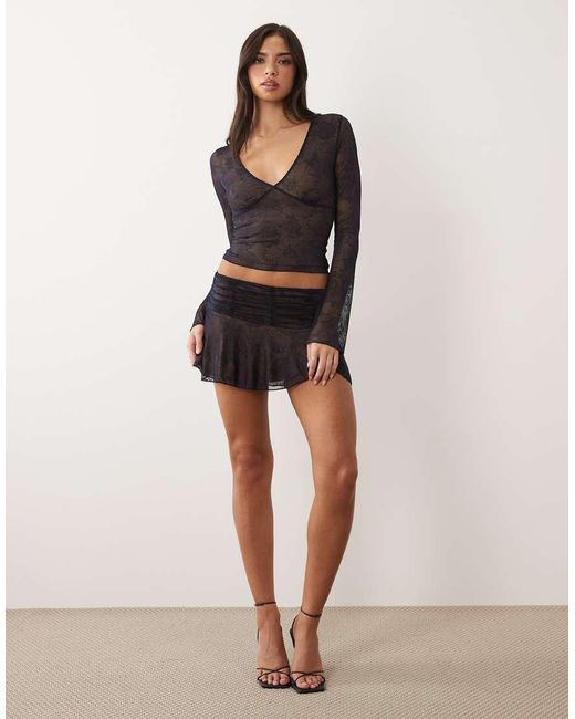 I.AM.GIA Blue Yvette V Neck Butterfly Pattern Lace Logo Flare Sleeve Top Co-ord