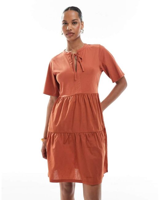 Threadbare Cotton Rich Tiered Short Sleeve Mini Dress With Keyhole Detail