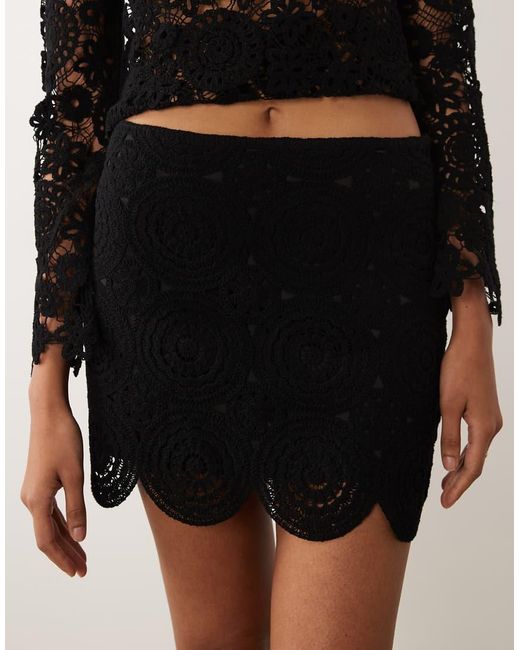 Mango Black Isabel Cotton Rich Floral Crochet Mini Skirt Co-ord