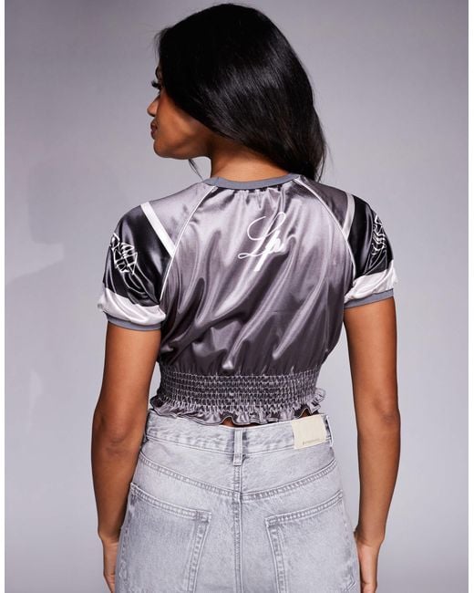 Liquor N Poker Gray Ruched Varsity T-Shirt With Gothic Script Logo