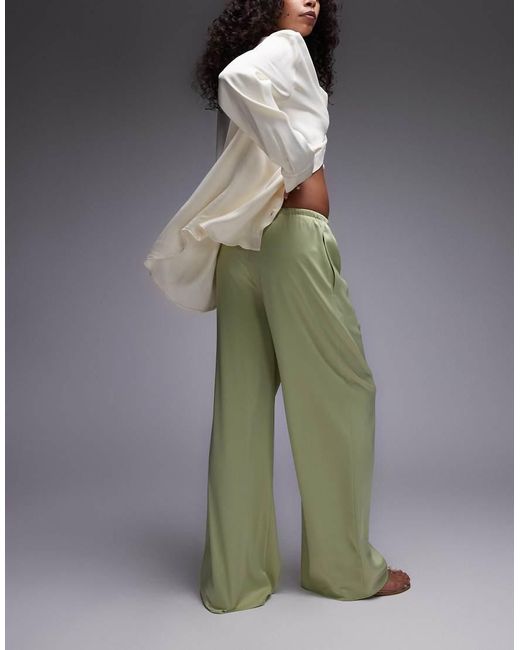 TOPSHOP Broek Van Satijn Met Wijde Pijpen En Gestrikte Taille in het Green