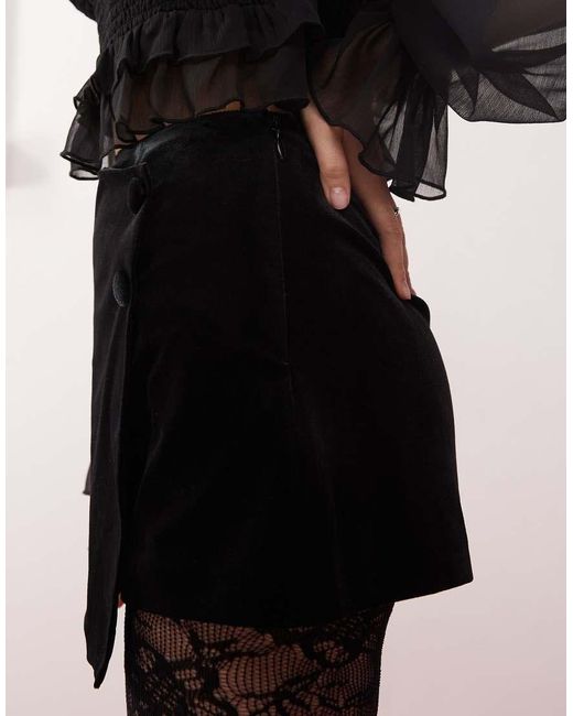 Miss Selfridge Black Velvet Wrap Button Detail Skort