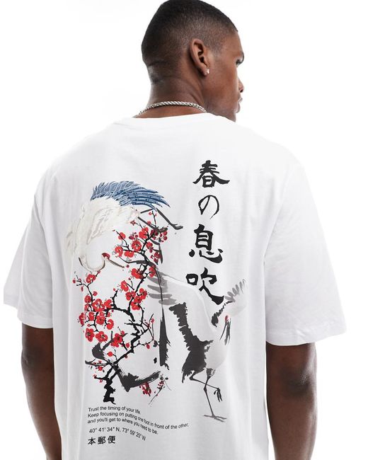 Jack & Jones White Oversized T-shirt With Cherry Blossom Crane Back Print for men