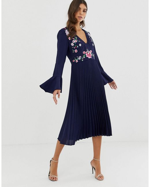 ASOS Blue Embroidered Pleated Midi Dress With Lace Inserts
