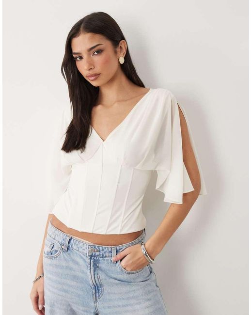 Gina Tricot White V Neck Floaty Sleeves Corset Top