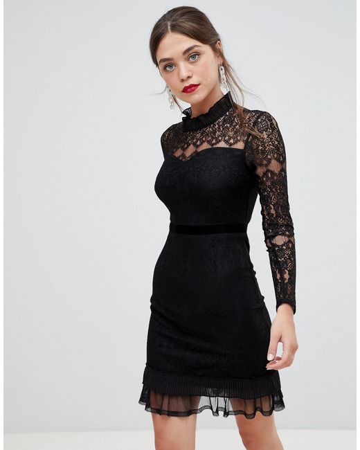 Frock and Frill Black Frock & Frill High Neck Long Sleeve Lace Dress With Velvet Piping
