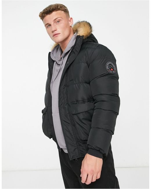 Brave Soul Puffer Bomber Jacket With Faux Fur Hood in Grey for Men ...